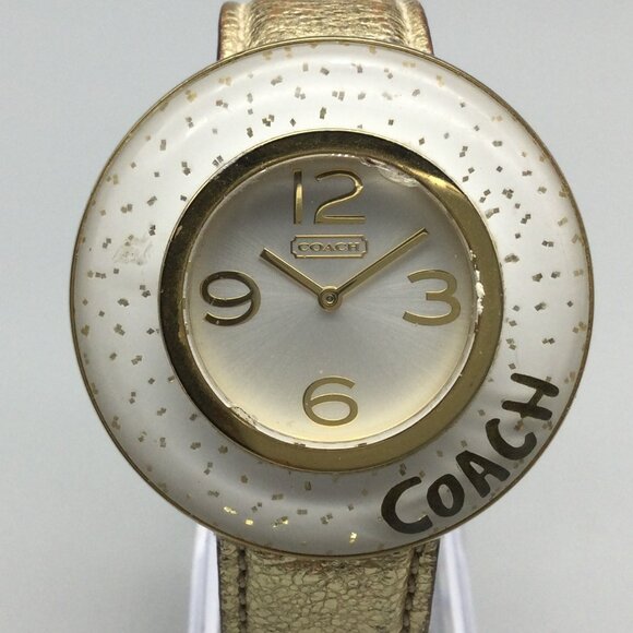 Vintage Coach Watch Women 45mm Gold Tone Glitter Bezel Leather Band New Battery - Picture 1 of 15